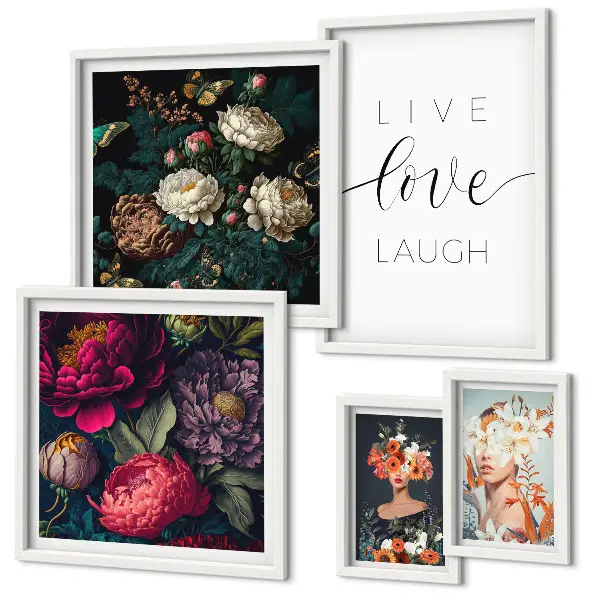 Bildergalerie-Set für die Wand mit motivierenden Slogans und Blumenmotiv