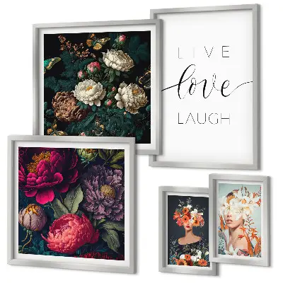 Bildergalerie-Set für die Wand mit motivierenden Slogans und Blumenmotiv