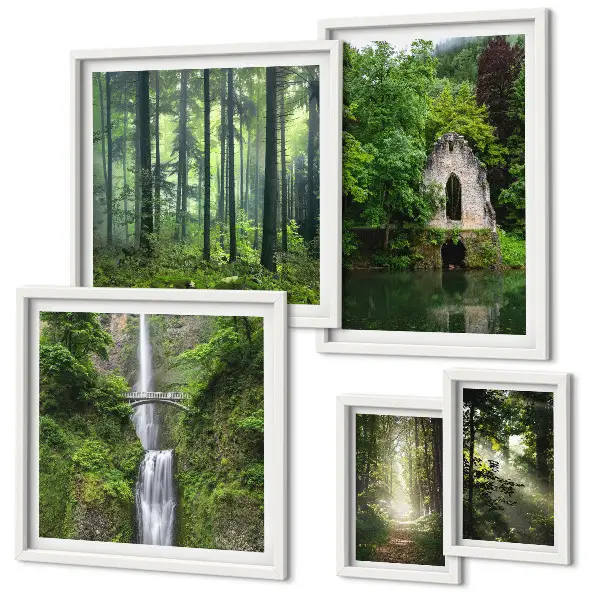 Modernes Wandbilder-Set mit grünen Wäldern und Wasserfällen