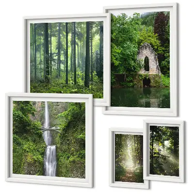 Modernes Wandbilder-Set mit grünen Wäldern und Wasserfällen