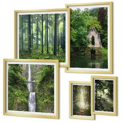 Modernes Wandbilder-Set mit grünen Wäldern und Wasserfällen