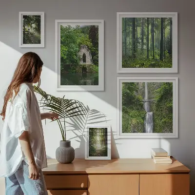 Modernes Wandbilder-Set mit grünen Wäldern und Wasserfällen