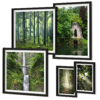 Modernes Wandbilder-Set mit grünen Wäldern und Wasserfällen
