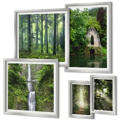 Modernes Wandbilder-Set mit grünen Wäldern und Wasserfällen