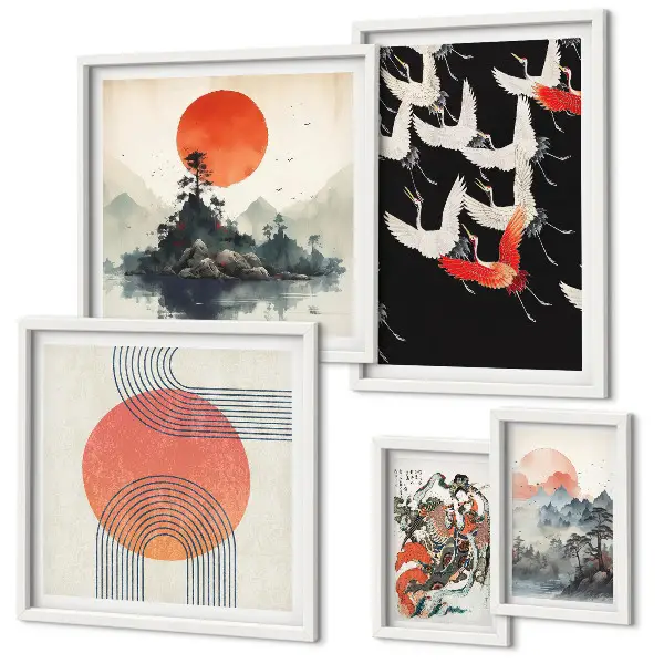 Bilderset fürs Sofa mit japanischer Kunst und Naturmotiven