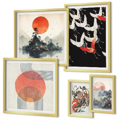 Bilderset fürs Sofa mit japanischer Kunst und Naturmotiven