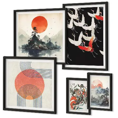 Bilderset fürs Sofa mit japanischer Kunst und Naturmotiven