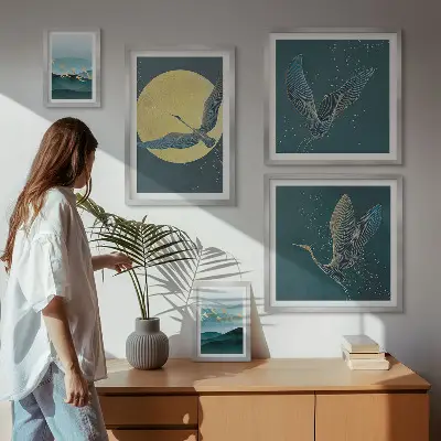 Modernes Wandbilder-Set mit Landschaften, Vögeln und Nachthimmel