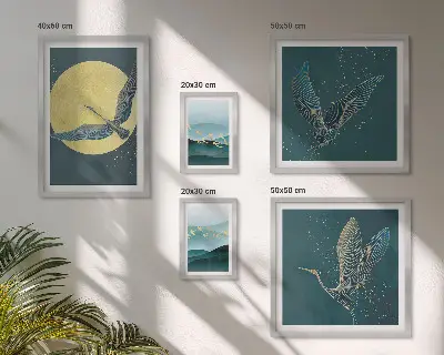 Modernes Wandbilder-Set mit Landschaften, Vögeln und Nachthimmel