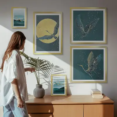 Modernes Wandbilder-Set mit Landschaften, Vögeln und Nachthimmel