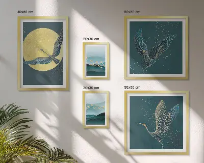 Modernes Wandbilder-Set mit Landschaften, Vögeln und Nachthimmel