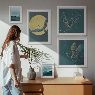 Modernes Wandbilder-Set mit Landschaften, Vögeln und Nachthimmel
