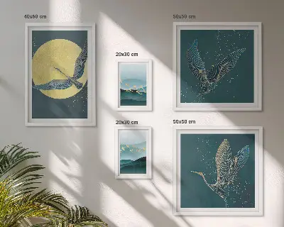 Modernes Wandbilder-Set mit Landschaften, Vögeln und Nachthimmel