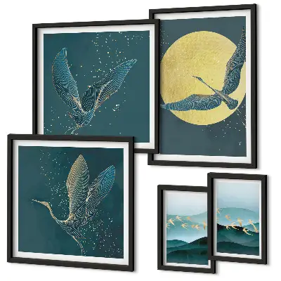 Modernes Wandbilder-Set mit Landschaften, Vögeln und Nachthimmel