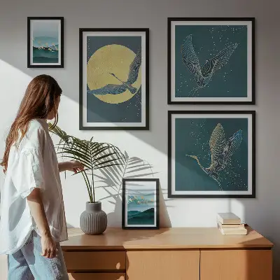 Modernes Wandbilder-Set mit Landschaften, Vögeln und Nachthimmel