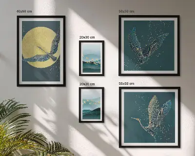 Modernes Wandbilder-Set mit Landschaften, Vögeln und Nachthimmel