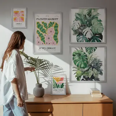 Modernes Wandbilder-Set mit Pflanzenmotiven und Boho-Blumen