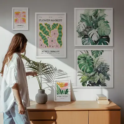 Modernes Wandbilder-Set mit Pflanzenmotiven und Boho-Blumen
