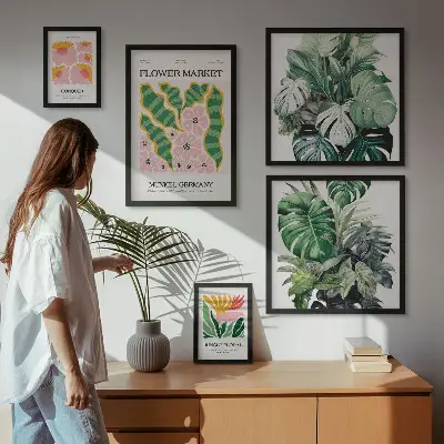 Modernes Wandbilder-Set mit Pflanzenmotiven und Boho-Blumen