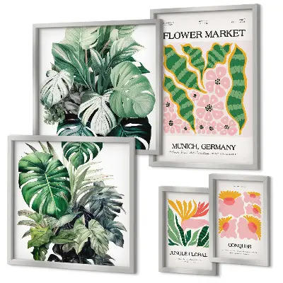 Modernes Wandbilder-Set mit Pflanzenmotiven und Boho-Blumen