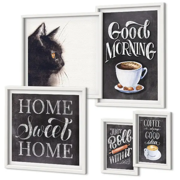 Bildergalerien-Set für die Wand mit Kaffeekatzen und positiven Slogans