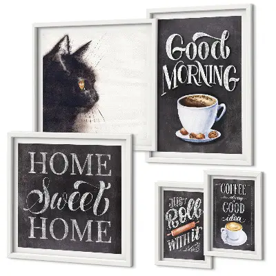 Bildergalerien-Set für die Wand mit Kaffeekatzen und positiven Slogans
