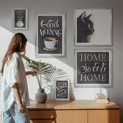 Bildergalerien-Set für die Wand mit Kaffeekatzen und positiven Slogans
