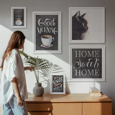 Bildergalerien-Set für die Wand mit Kaffeekatzen und positiven Slogans
