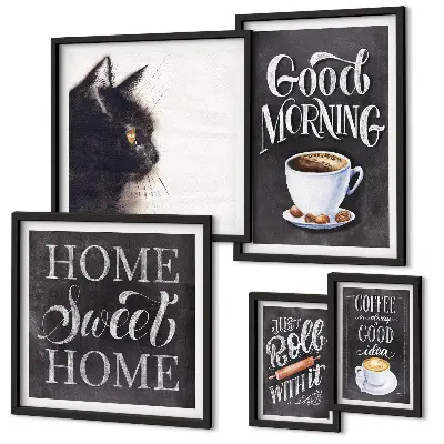 Bildergalerien-Set für die Wand mit Kaffeekatzen und positiven Slogans