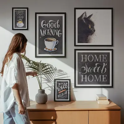 Bildergalerien-Set für die Wand mit Kaffeekatzen und positiven Slogans