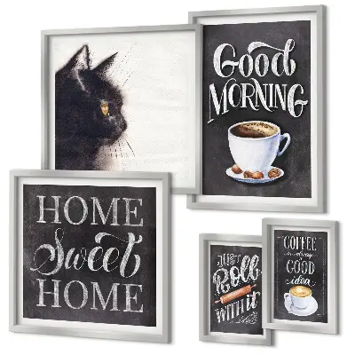 Bildergalerien-Set für die Wand mit Kaffeekatzen und positiven Slogans