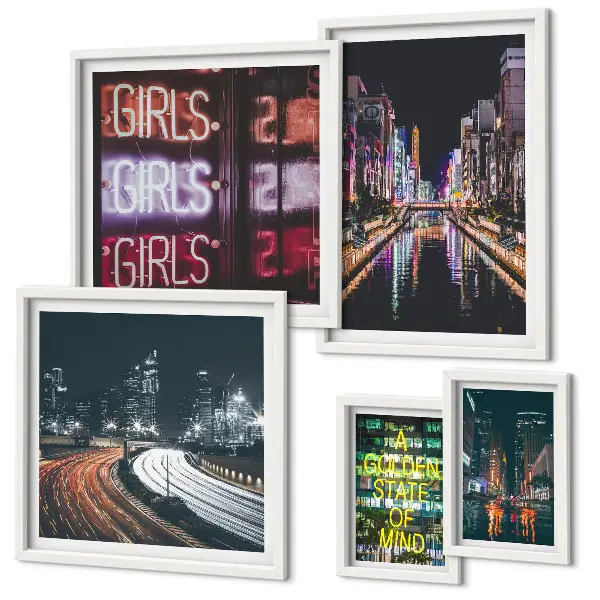 Bildergalerie-Set für die Wand Moderne Stadt bei Nacht mit Neonlicht