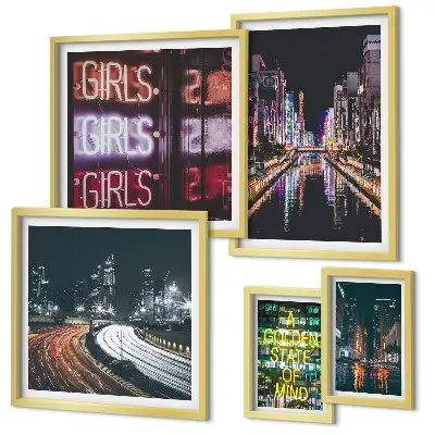 Bildergalerie-Set für die Wand Moderne Stadt bei Nacht mit Neonlicht