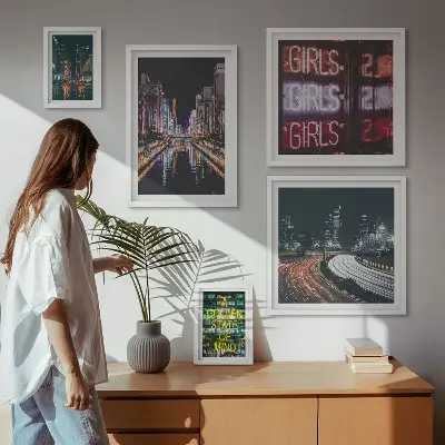 Bildergalerie-Set für die Wand Moderne Stadt bei Nacht mit Neonlicht