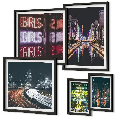 Bildergalerie-Set für die Wand Moderne Stadt bei Nacht mit Neonlicht