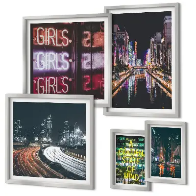 Bildergalerie-Set für die Wand Moderne Stadt bei Nacht mit Neonlicht