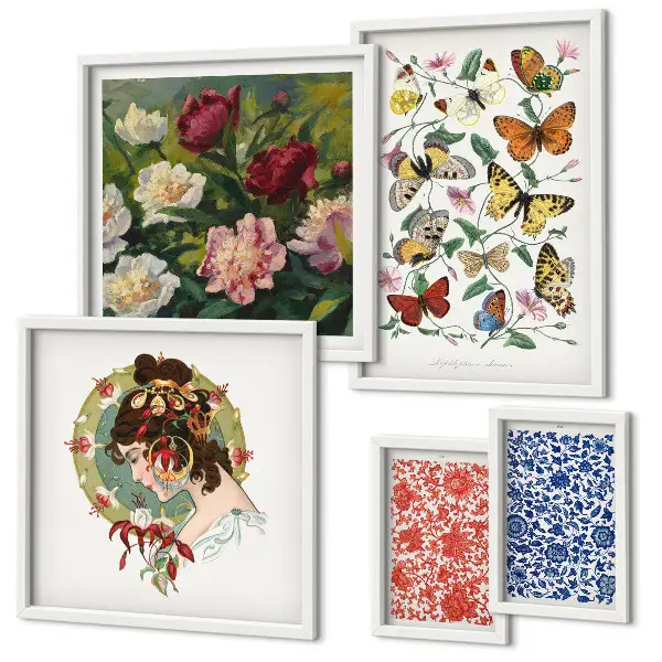 Modernes Wandbilder-Set mit Blumen, Schmetterlingen und Vintage-Dekorationen