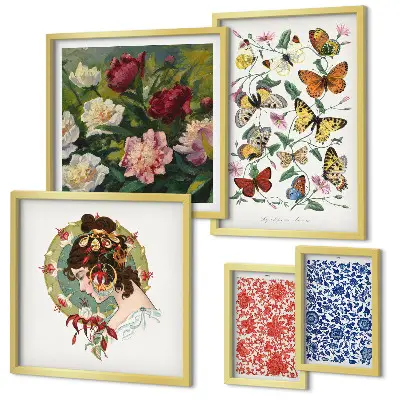 Modernes Wandbilder-Set mit Blumen, Schmetterlingen und Vintage-Dekorationen