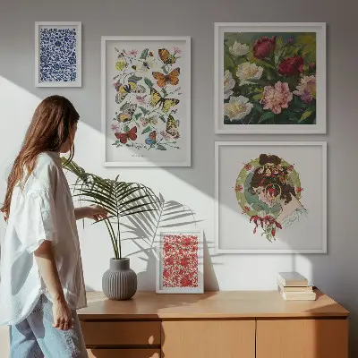 Modernes Wandbilder-Set mit Blumen, Schmetterlingen und Vintage-Dekorationen