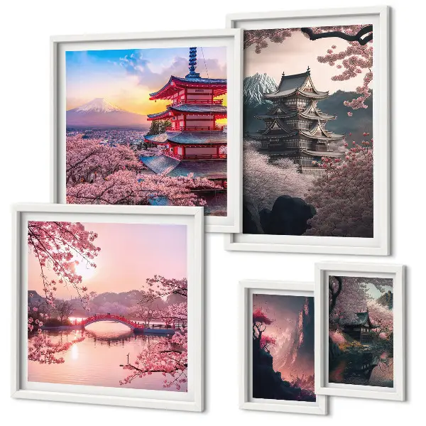 Wandbilder-Set Japanische Landschaften mit Kirschblütenmotiven