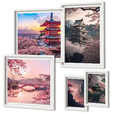 Wandbilder-Set Japanische Landschaften mit Kirschblütenmotiven