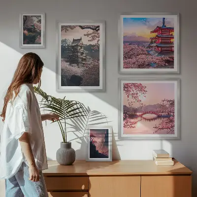 Wandbilder-Set Japanische Landschaften mit Kirschblütenmotiven