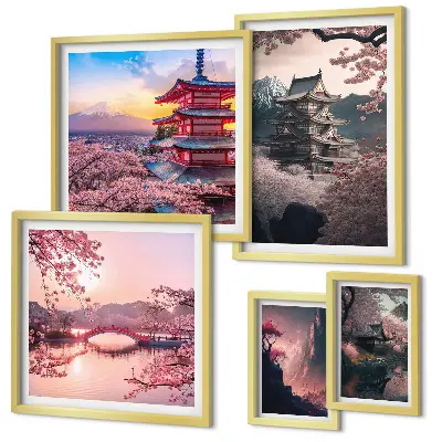 Wandbilder-Set Japanische Landschaften mit Kirschblütenmotiven
