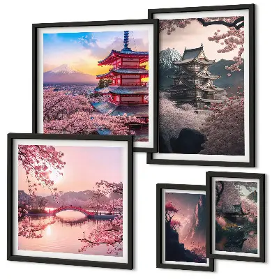 Wandbilder-Set Japanische Landschaften mit Kirschblütenmotiven
