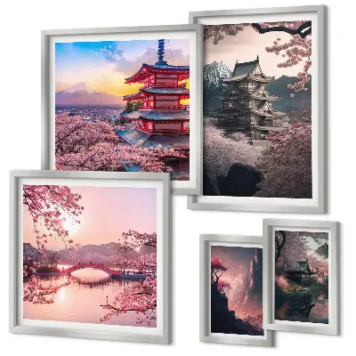 Wandbilder-Set Japanische Landschaften mit Kirschblütenmotiven