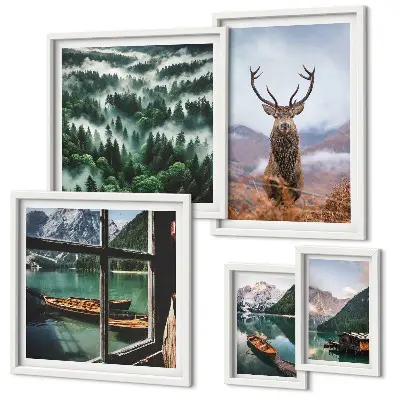 Modernes Wandbilder-Set mit Motiven von Natur, Wildtieren und Bergen