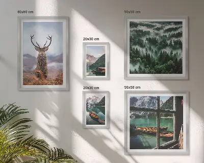 Modernes Wandbilder-Set mit Motiven von Natur, Wildtieren und Bergen