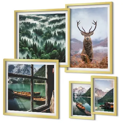 Modernes Wandbilder-Set mit Motiven von Natur, Wildtieren und Bergen