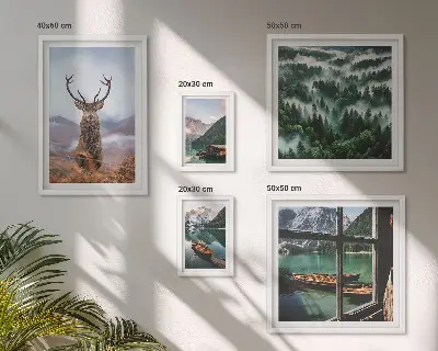 Modernes Wandbilder-Set mit Motiven von Natur, Wildtieren und Bergen