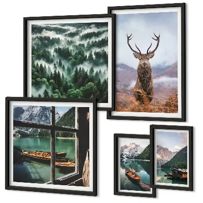 Modernes Wandbilder-Set mit Motiven von Natur, Wildtieren und Bergen